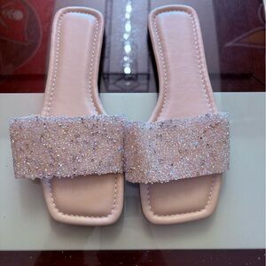 Blush Pink Rhinestone Slide Sandals Sparkly Slip On Flats Size EU 39 / US 8